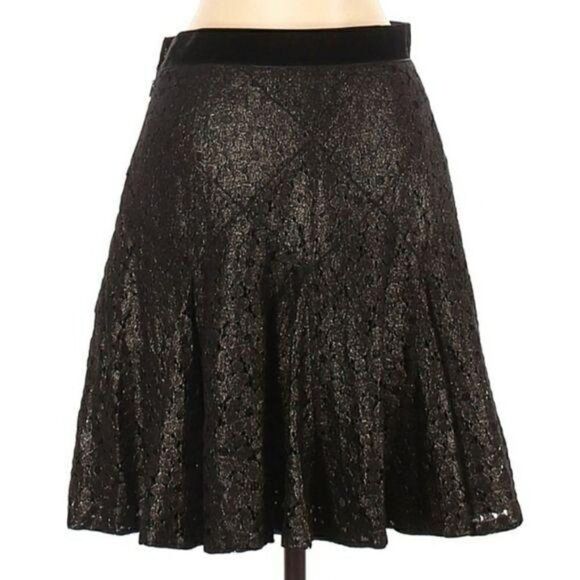Anna Sui Goth Witchy Black Lace Skater Skirt Full Ribbon Gold Highlights Sz 4 - Picture 2 of 11